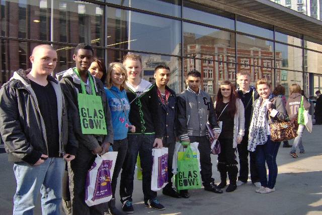 Hopwood Hall College students outside the Manchester Convention Centre. 
