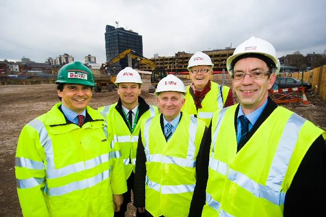 Construction has started in Rochdale town centre. Richard McAlpine, Councillor Greg Couzens, Councillor Ashley Dearnley, Councillor Irene Davidson and Council Leader Colin Lambert