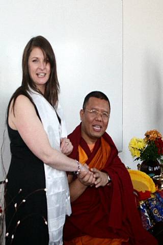 Jo Potts with Buddhist monk Geshe Lama Ahbay Tulku Rinpoche