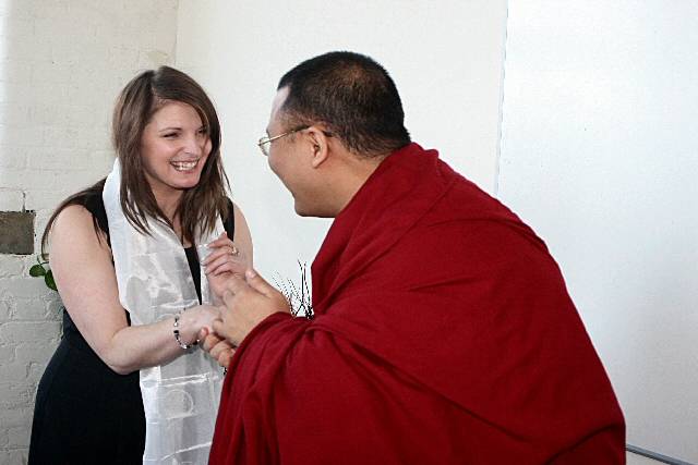 Jo Potts with Buddhist monk Geshe Lama Ahbay Tulku Rinpoche