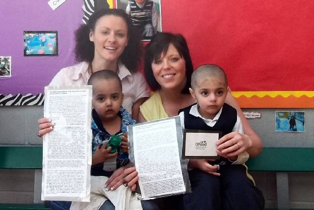 Celebration: Michelle Clayton, Senior Early Years Worker, Emma Davies, Early Years Worker with children Haris Azhar and Adam Hussain
