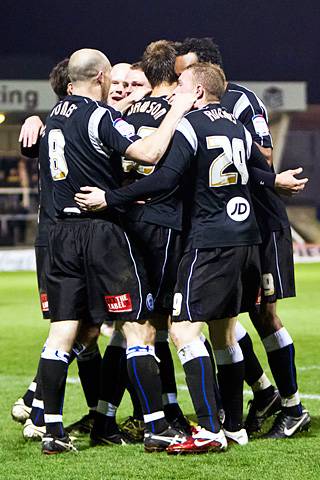 Hartlepool United 0 - 2 Rochdale<br />Dale players congratulate Craig Dawson on his goal