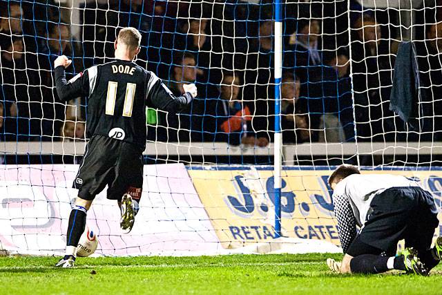 Hartlepool United 0 - 2 Rochdale<br />Matt Done celebrates Gary Jones opening goal for Dale as Hartlepool keeper Scott Flinders despairs