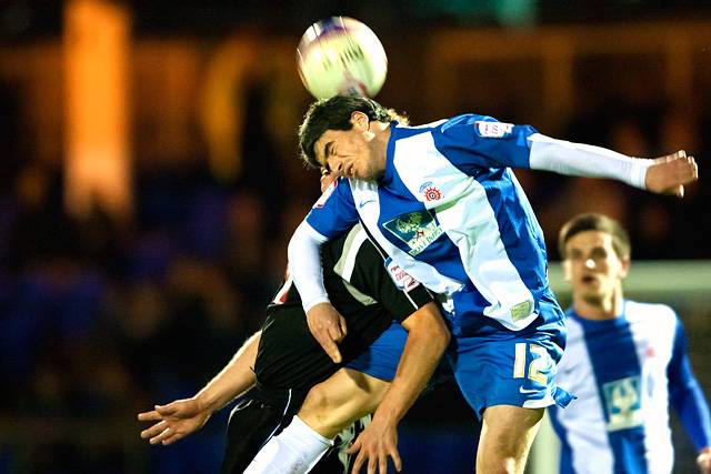 Hartlepool United 0 - 2 Rochdale<br />Fabian Yantorno wins the header