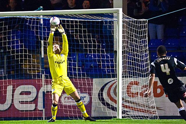 Hartlepool United 0 - 2 Rochdale<br />Owain Fon Williams tips over a goal bound volley