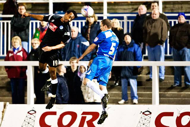 Hartlepool United 0 - 2 Rochdale<br />Chris O'Grady beats Sam Collins in the air