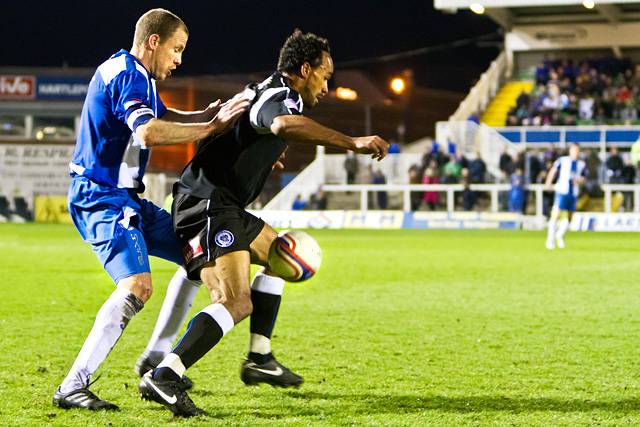 Hartlepool United 0 - 2 Rochdale<br />Chris O'Grady shields the ball from Sam Collins