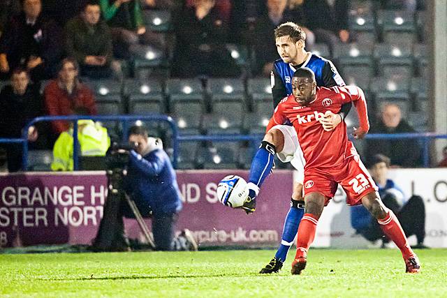 Rochdale 2 - 0 Charlton Athletic<br />Craig Dawson challenges Joe Anyinsah