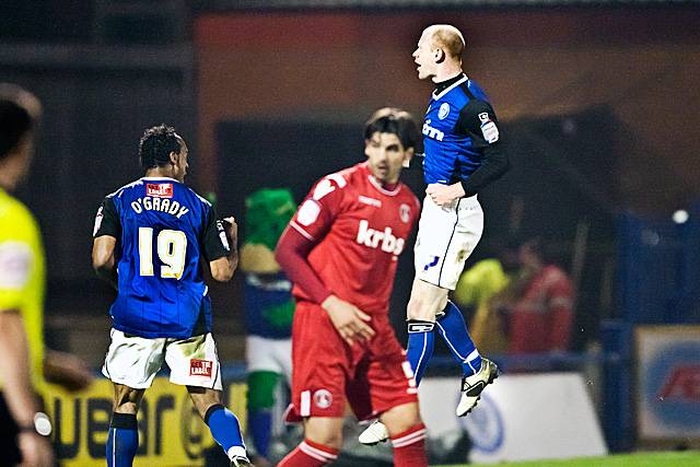 Rochdale 2 - 0 Charlton Athletic<br />Jason Kennedy leaps high to celebrate his goal