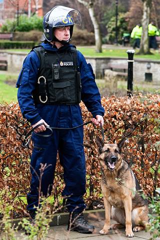 EDL and UAF demos<br />Police dog and handler