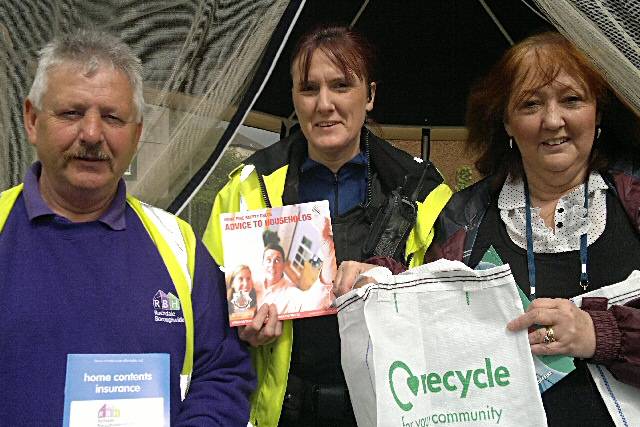 Dennis Irvine, RBH Caretaker, Sharon Holden, PCSO, Gaynor Emerson, Heywood Community Safety Officer give out advice to tenants