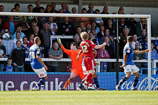 Rochdale 2 - 2 Peterborough United<br />The Dale defence can only watch in dismay as Fon-Williams is beaten for Peterborough's equaliser