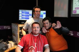 Winner Tom Heap (centre), with Christian O’Connell behind him and co-host Richie Firth to the right