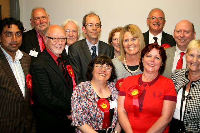 The Leader of the Labour group, Councillor Colin Lambert, with successful Labour candidates and the MP for Heywood and Middleton, Jim Dobbin