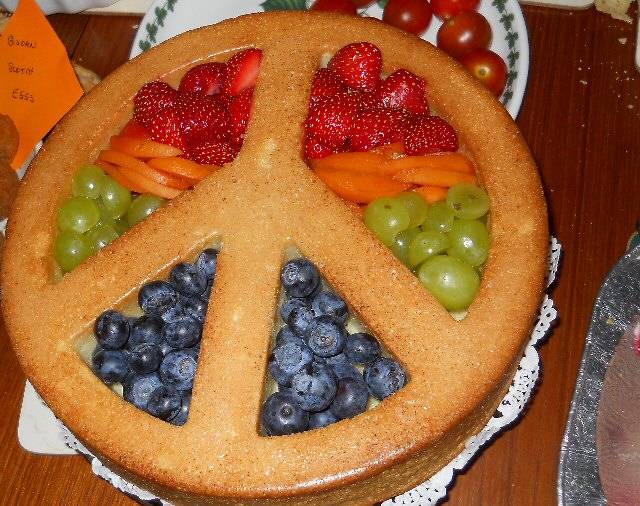 The cake, made in the shape of the CND (Campaign for Nuclear Disarmament) symbol