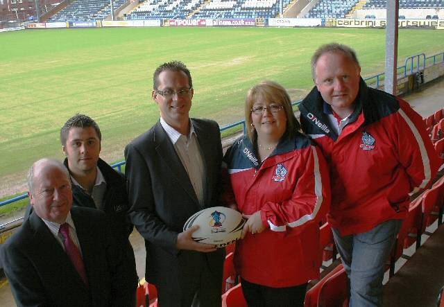 Jon Dutton, Rugby League World Cup Host Cities Manager (centre) with from left to right: John Patterson, Rochdale Borough Council, Ryan Bradley, Community Rugby League Manager, Louise Spencer and Mark Wynn, Rochdale Hornets.
