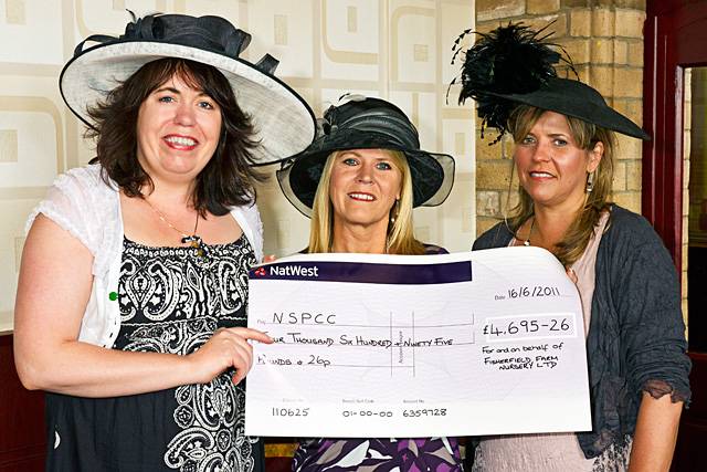 Janette Drew, NSPCC Community Appeals Manager accepts a cheque from Liz Jackson and Nicky MacGill of Fisherfield Farm Nursery<br \>Ascot Ladies’ Day at Nutters Restaurant 