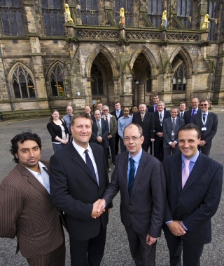 Mouchel’s highways and engineering staff welcomed to Rochdale outside the town hall.<br/>Rochdale Borough Council’s Cabinet Member for Finance, Councillor Farooq Ahmed; Impact Partnership’s Highways & Engineering Director and Mouchel Client Services Director, David Nicholson; Council Leader Councillor Colin Lambert; Mouchel’s Engineering Services Director, Chris Founds.
Rear: Mouchel highways & engineering staff and counterparts from Impact Partnership


