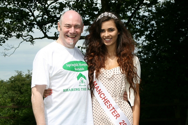 Fundraising Manager Ian Jenkins with Miss Manchester, Nicola McConnell<br/>Springhill Hospice Summer Gala and Craft Fair 