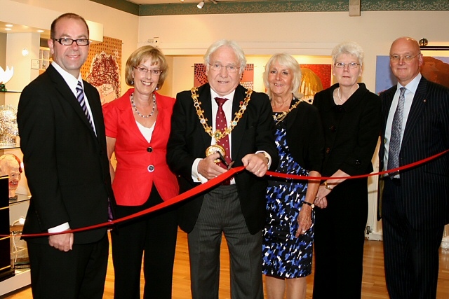 Headteacher John Watson, PA Chris Firth, Mayor Godson, Mayoress Gillian Brown and Janet and Ian Sandiford at the exhibition's official opening