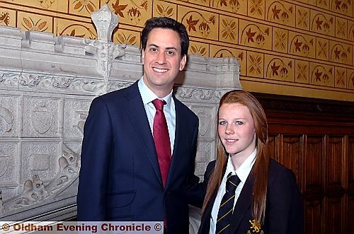 Labour leader Ed Miliband and Crompton House pupil Rebecca Symonds