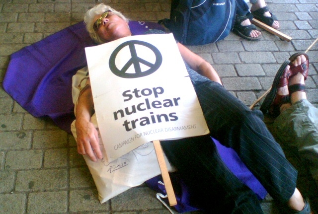 Pat Sanchez of High Peak, Littleborough at the demonstration against nuclear trains in London in July 2010.