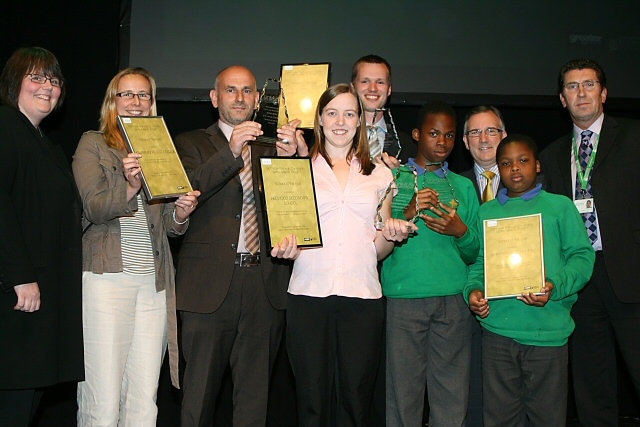 Representatives from St Patrick's RC Primary, St Peter's RC Primary, Redwood School and Holy Family High School with the School Sport Partnership - School of the Year Award