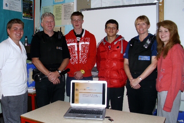 PC Mark Shore and PCSO Angela Smith launching the Safe4Summer campaign at Hollingworth Business and Enterprise College with Jack Simpson, Callum Buckley, Simon George and Charlotte Bowker.