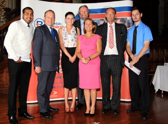 Simon Danczuk and Jill Nagy with Bob Beetham, Chairman of Rochdale Training and John Huxley, past Chief Executive of Rochdale Training with prize winners Esrar Khan, Amy Ward and Lee Shackleton 