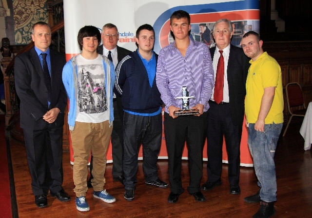 Engineering First Year Apprentices of the Year Tyler Kiffin and Thomas Cadwallader of Trufab, Anthony Stockton of R&B Switchgear Services and holding his winner’s award Jack Gibbons from MWH Treatment with Engineering Manager Eddie Moore and Training Officers Kevin Beck and Stuart Chapman.
