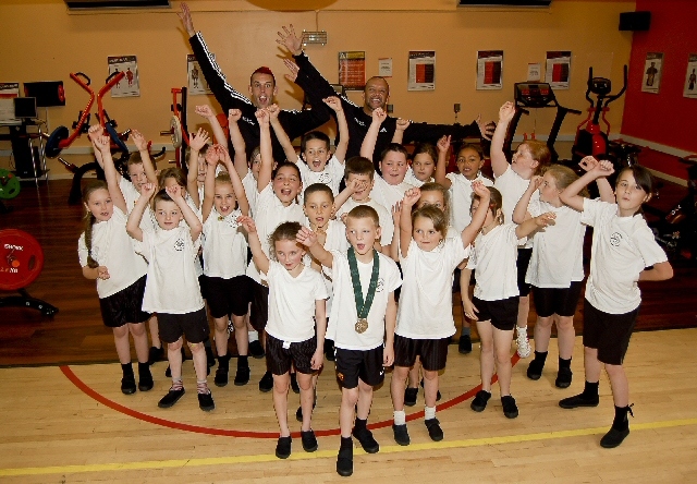 Jamie Baulch and Matt Elias with children from Bowlee Park Primary School
