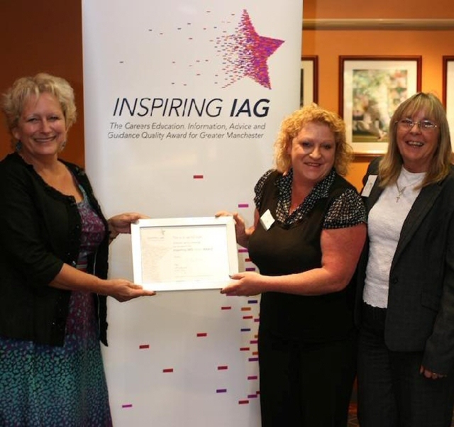 Stella Oldham (right), Alternative Provisions Manager, Federation of PRS and Brownhill and Diane Wilkinson (centre), Progression Officer at Brownhill Learning Community, receive the Federation’s award from Wendy Cooke, Greater Manchester 14-19 Assistant Director 

