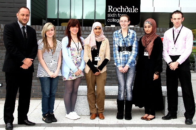 Principal, Julian Appleyard, with Catherine Ayres, Emily Hedley, Maryam Khatoon, Rhiann Canavan, Aneeqa Arif and Assistant Principal for Learning, Thomas Fay

