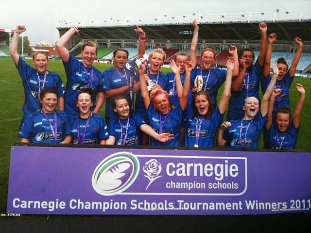 Hollingworth Business and Enterprise College Year 9 girls rugby team celebrate