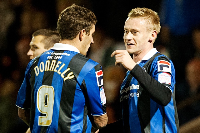 George Donnelly congratulates Ashley Grimes on scoring Dale's goal