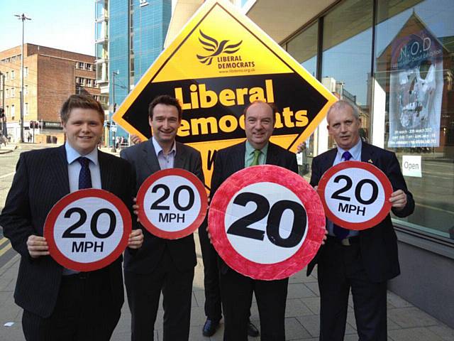 Matt Gallagher campaigning with Transport Minister Norman Baker MP, John Leech MP and Cllr Victor Chamberlain for 20mph limits in residential areas