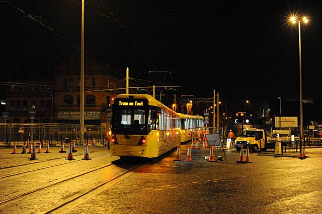 The first tram has crossed the Oldham Mumps junction as part of a thorough testing and commissioning process; The first tram has arrived at the new Metrolink stop in Derker as part of a thorough testing and commissioning process