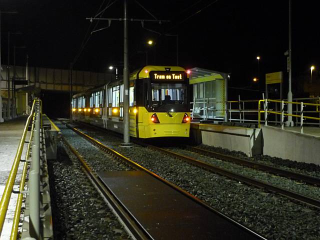 The first tram has crossed the Oldham Mumps junction as part of a thorough testing and commissioning process; The first tram has arrived at the new Metrolink stop in Derker as part of a thorough testing and commissioning process