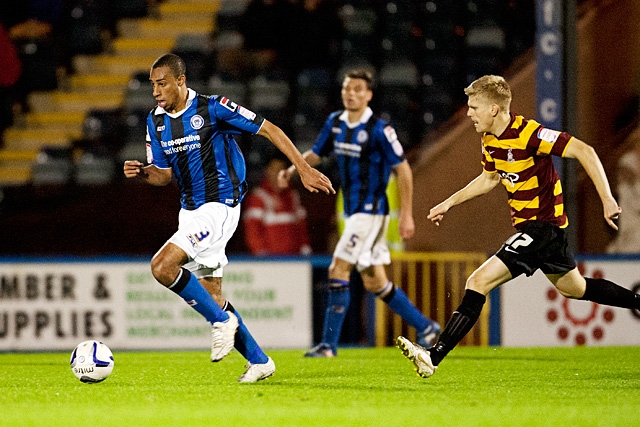 Rhys Bennett playing for Rochdale v Bradford City