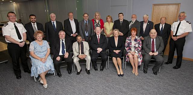 GMPA Group - (back row, left to right) DCC Hopkins, Majid Hussain, Cllr Derek Burrows, Cllr John Smith, Cllr Paul Porgess, Elaine Belton, Cathy Conchie, Lee Rowbotham, Cllr Charles Rigby, Ian Hargreaves, Cllr Bernard Sharp, Chief Constable Sir Peter Fahy.

(front row, left to right) Sharron Hardman, Cllr Steve Bashforth, Cllr Sultan Ali, Chairman Cllr Paul Murphy, Vice Chair Christine McGawley JP, Chief Executive Barbara Spicer, Executive Director Russell Bernstein