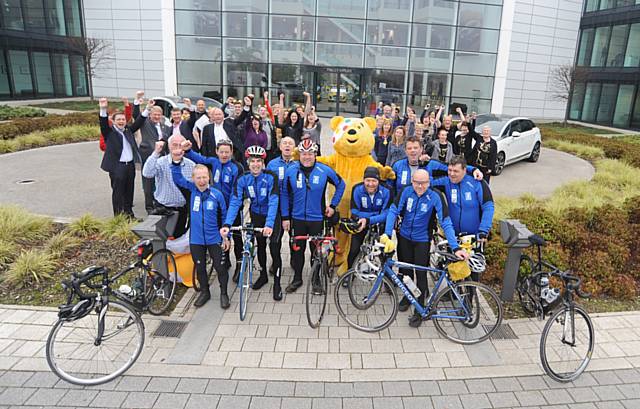 Peugeot employees cycle from Paris to Coventry for Children in Need, Mike Knowles is on the back row of riders, to the right of Pudsey (no helmet)
