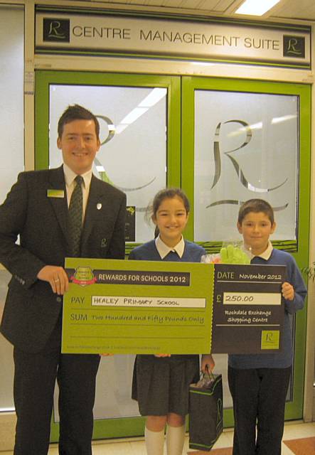 Healey Primary School - Cheque collected by Head Girl Sofia Riley and Head Boy Callum Howlett