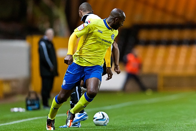 Dele Adebola is deceived by the run of the ball<br \>Port Vale v Rochdale