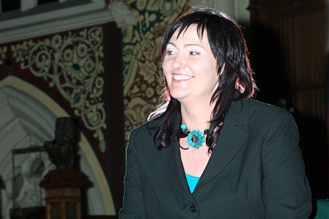 Event organiser Becky Lee introduces Lee Stafford to the 350 strong audience at Rochdale Town Hall