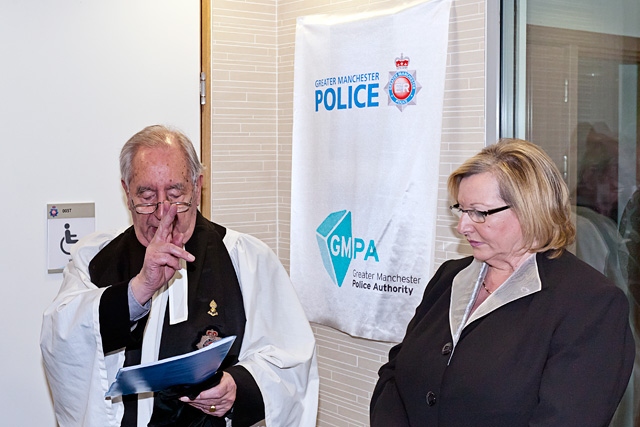 Cannon Alan Shackleton blessing the building alongside GMPA Vice Chairwoman Christine McGawley<br/>Rochdale Divisional Headquarters official opening 