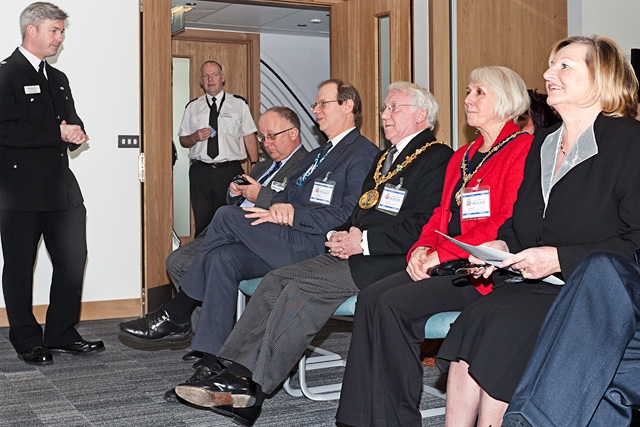 Chief Superintendent John O’Hare speaking at the opening event; Audience members include Chief Executive of Rochdale Council Roger Ellis, Executive Director at Rochdale Council, Andy Zuntz, the Mayor and Mayoress of Rochdale and GMPA Vice Chairwoman Christine McGawley