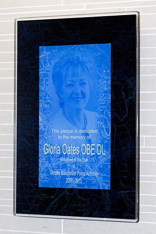 The ceremonial plaque in tribute to the former Vice Chairwoman of GMPA, Gloria Oates OBE DL