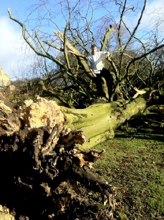 Andrew Nutter stood on the fallen in tree at Nutters, Norden