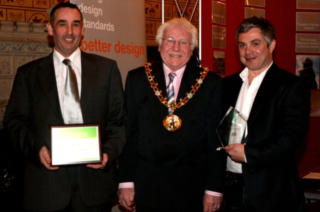 Brent Miller from Pinnacle Homes and Paul Clark from CJ Partnership receiving their award from Mayor Godson<br/>Rochdale Borough Design Award – The Pavilion, Birtle Brook Village, Birtle