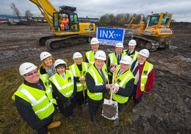 Councillor Peter Rush, Councillor Jacqui Beswick, Julie Evans (Rochdale Development Agency), Mayoress Gillian Brown, Jonathan Ellaby INX Vice President, Rick Clendenning INX President (USA), Councillor Peter Williams, Mayor Councillor Alan Godson, Paul Fox Factory Manager and Peter Tresadern Managing Director